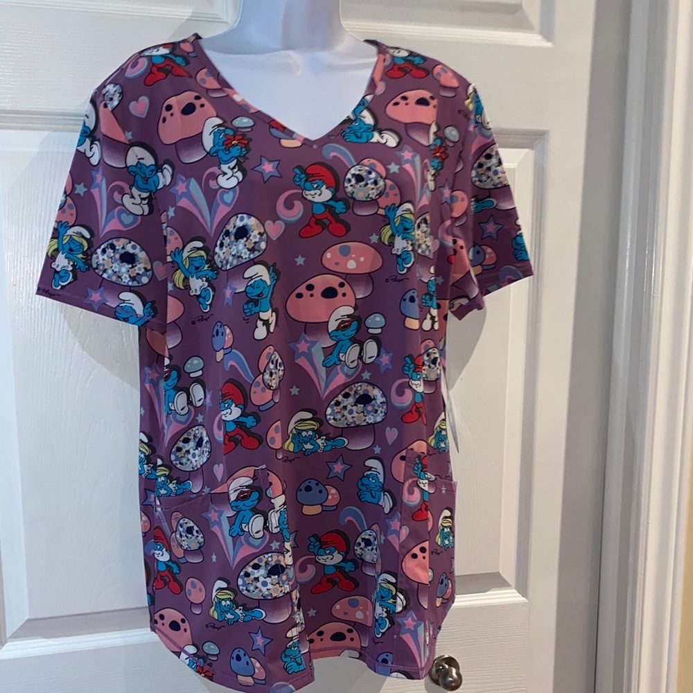 The Smurfs Ladies Patterned V Neck Uniform Scrub Top with Pockets Size Large